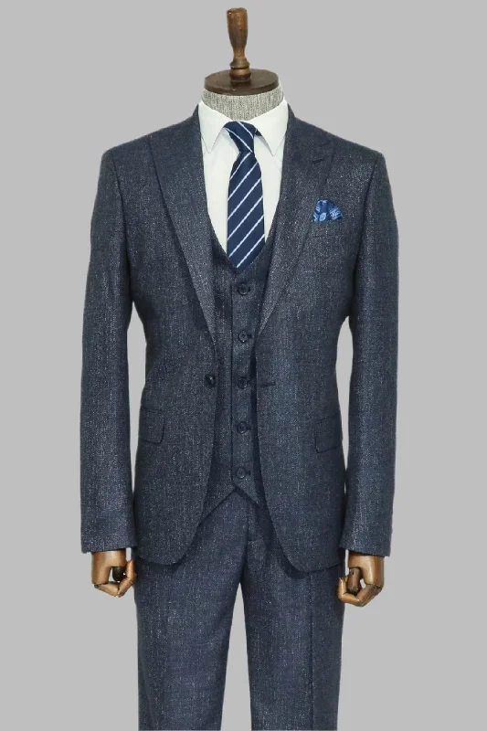 3 -Piece Single Button Peak Lapel Grey Blue Men Suit - Wessi