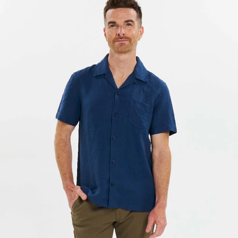 Navy Linen Camp Collar Short Sleeve Shirt