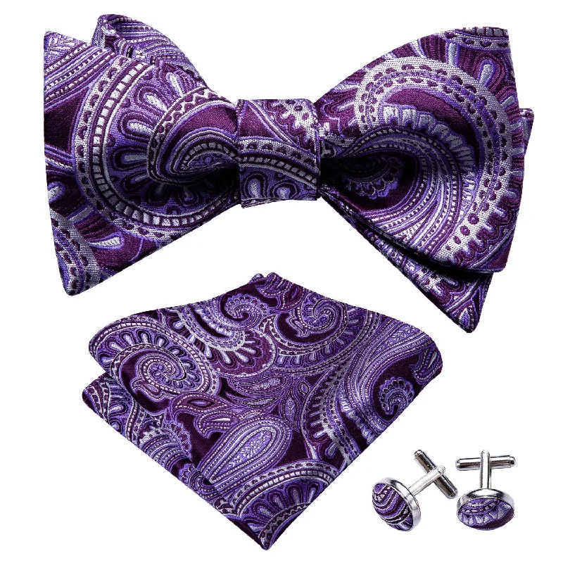 Luxury Purple Paisley Self-tied Bow Tie Pocket Square Cufflinks Set