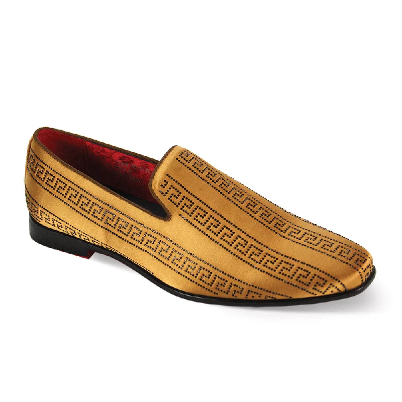 Satin Elegance Collection : Gold & Black Crystal Studded Satin Fabric Plain Toe Smoker Slip-On