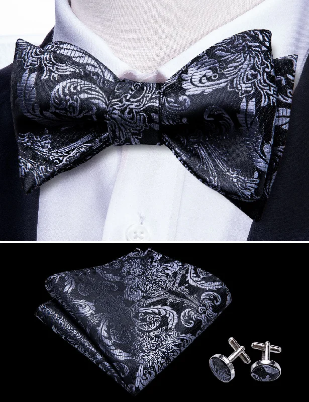 Luxury Black Silver Paisley Self-tied Bow Tie Pocket Square Cufflinks Set