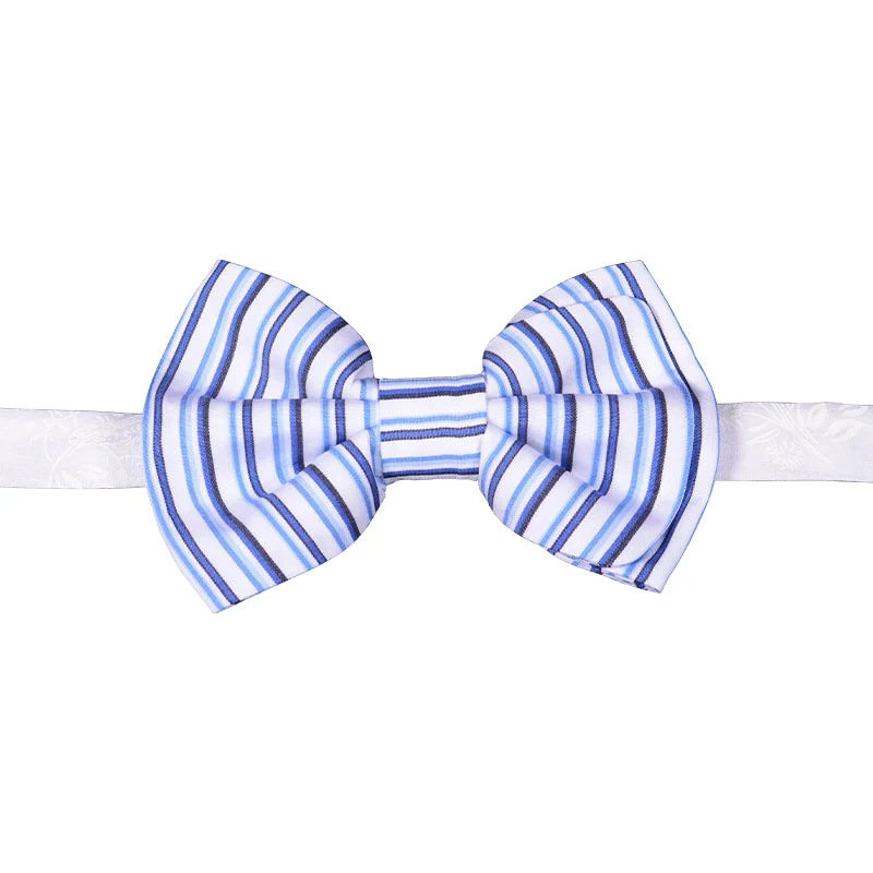 White bowtie with vertical blue stripes