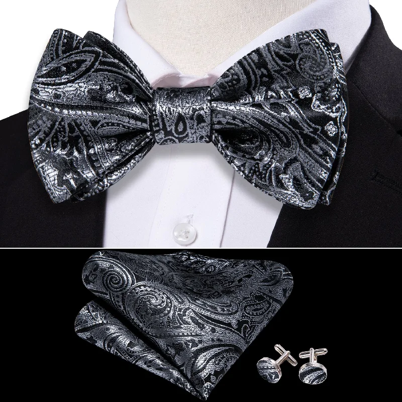 Grey Black Gold Paisley Self Tie Bow Tie Hanky Cufflinks Set