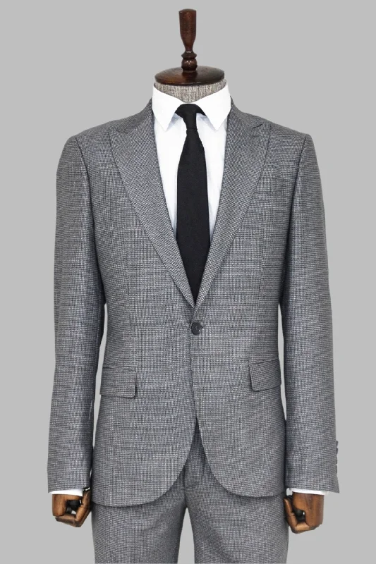 Slim Fit Houndstooth Patterned 2 Piece Grey Men Suit - Wessi