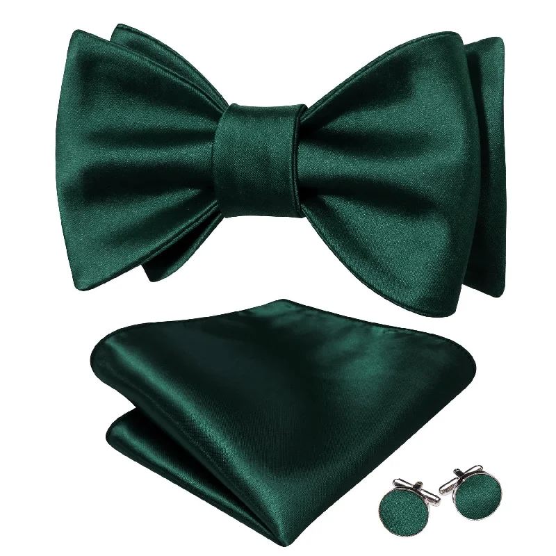 Barry Wang Dark Green Tie Men's Self-Tied Bowtie Hanky Cufflinks Set