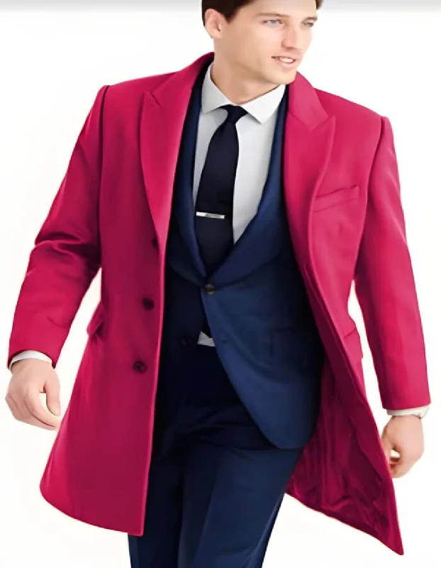 Mens Wool Carcoat - Hot Pink Three Quarter Peak Lapel Topcoat