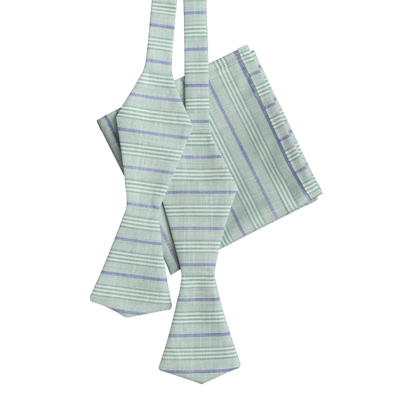 Light Green with white and purple stripes bow tie and pocket square set