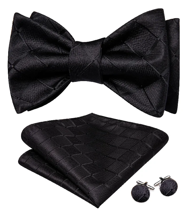 Barry Wang Black Bowtie Mens Plaid Self-Tied Tie Hanky Cufflinks Set