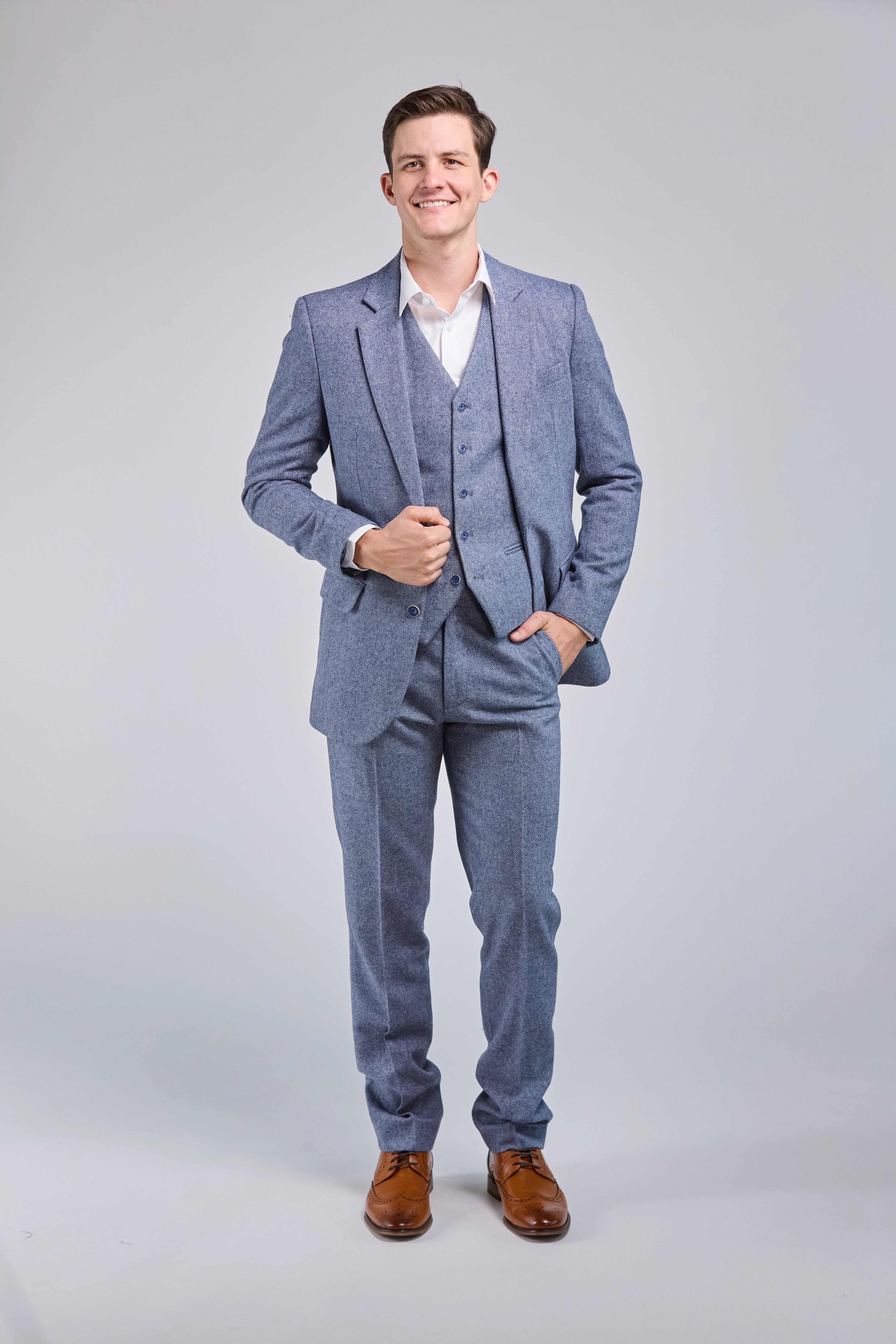 Light Blue Herringbone Tweed 3 Piece Suit - Limited