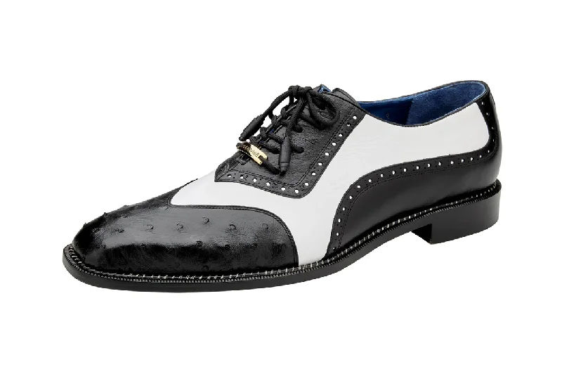 Ostrich Quill and Italian Leather Wing Tip Shoes for Men in Black/White-Sesto!