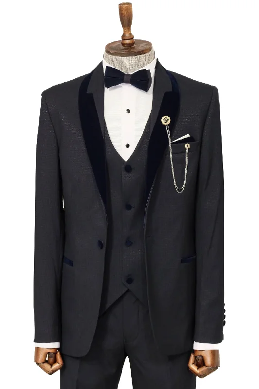 Patterned Velvet Lapel Navy Blue Men Tuxedo - Wessi