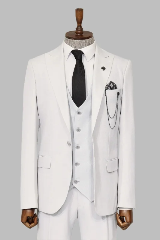 3 -Piece Single Button Peak Lapel White Men Suit - Wessi