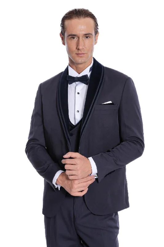 Detachable Velvet Lapel Navy Blue Tuxedo - Wessi