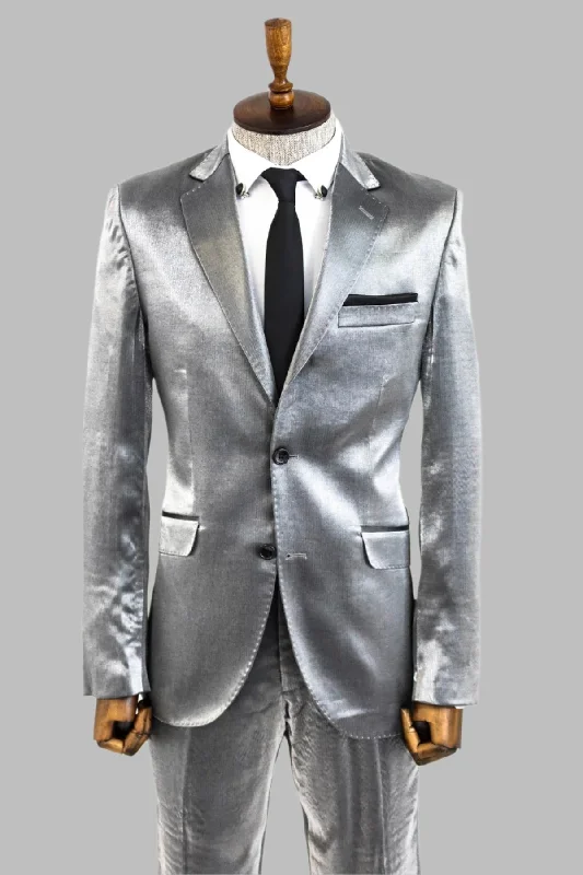 Two Buttons Two Piece Slim Fit Satin Grey Men Suit