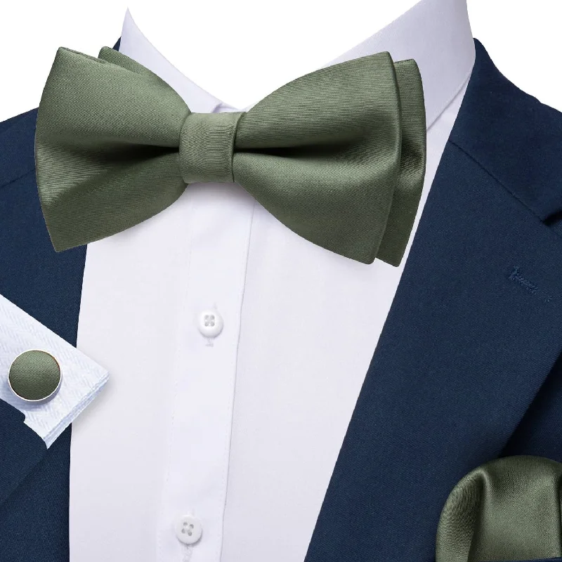 Barry Wang Sage Green Pre-Tied Solid Silk Bow Tie Hanky Cufflinks Set