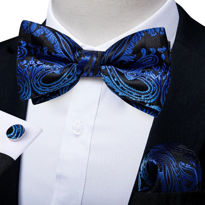 Black Blue Paisley Silk Pre-tied Bow Tie Hanky Cufflinks Set