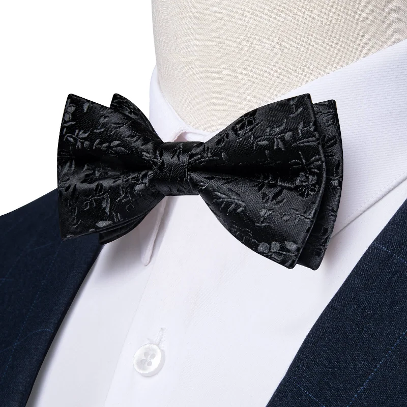 Ties2you Boys Bow Ties Ink Black Jacquard Floral Bow Tie Handkerchief Set