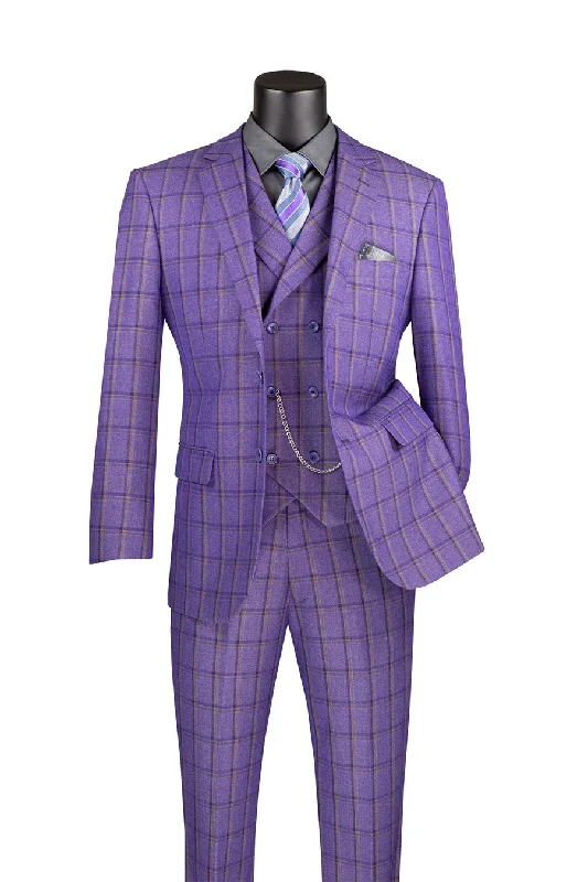 Lazio Collection - Modern Fit Windowpane Suit 3 Piece in Purple