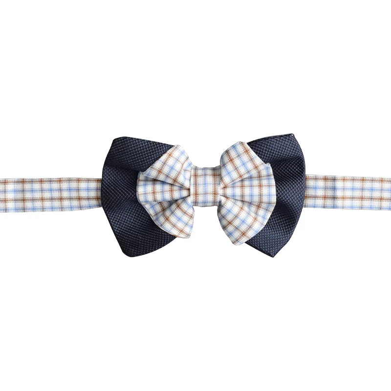 Blue and white bowtie with tan and blue plaid