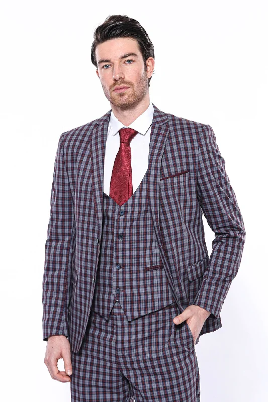 2 Button Mono Collar Plaid Suit Vest Burgundy Suit-Wessi