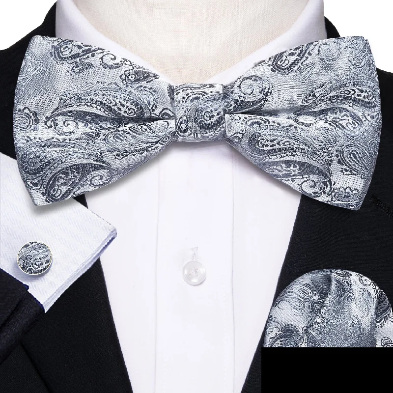 Silver Paisley Pre-tied Bow Tie Hanky Cufflinks Set