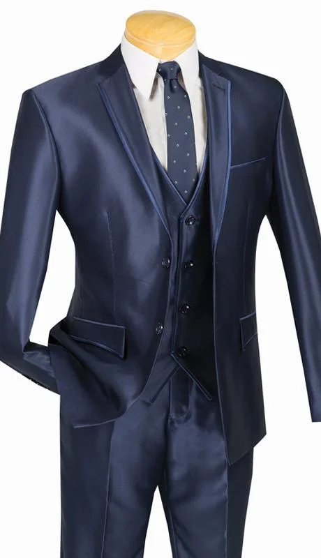 Shiny Sharkskin 3 Piece Suit Ultra Slim Fit With Vest Navy