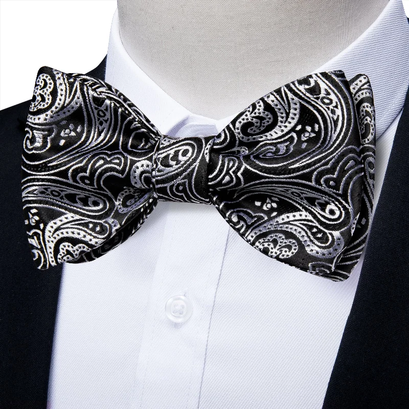 Black White Paisley Self-tied Bow Tie Pocket Square Cufflinks Set