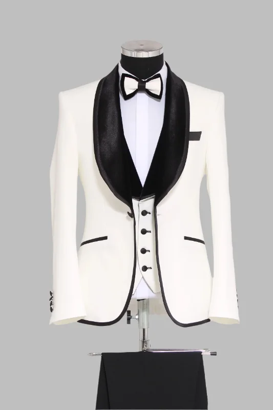 Plain 3-Piece Black Velvet Shawl Lapel Elegant White Men Tuxedo with Bow Tie- Wessi