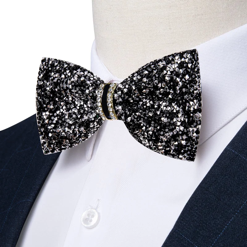 Ties2you Imitated Crystal Bowtie Black Silver Rhinestones Men's Pre Tied Bow Ties For Wedding Party