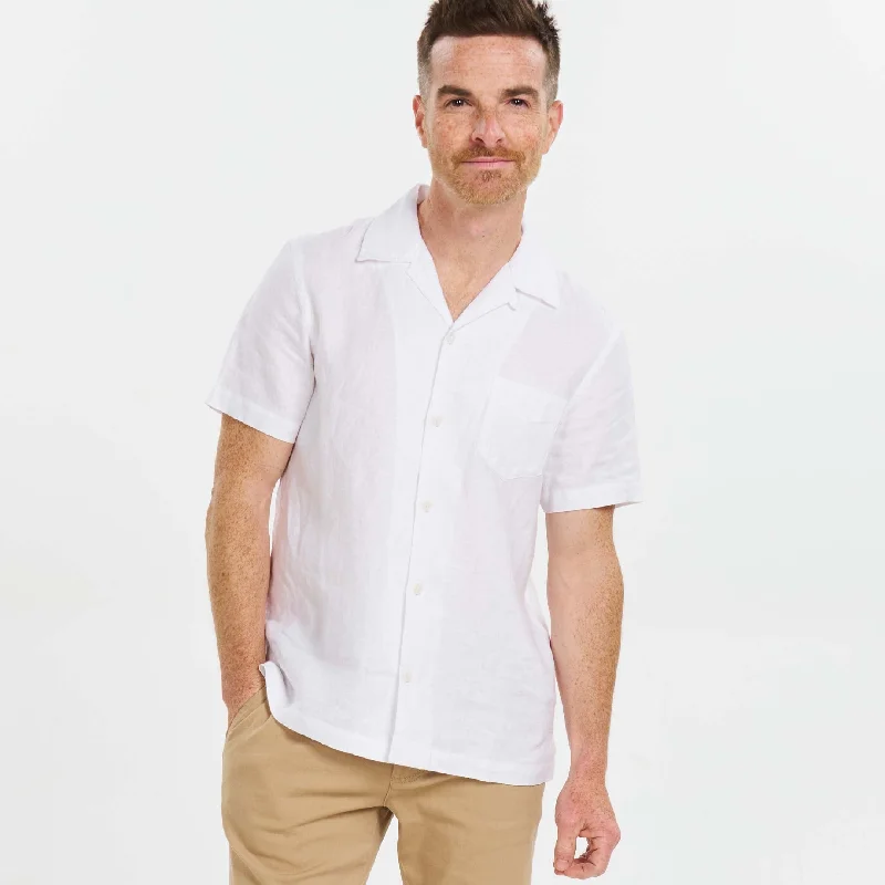 White Linen Camp Collar Short Sleeve Shirt