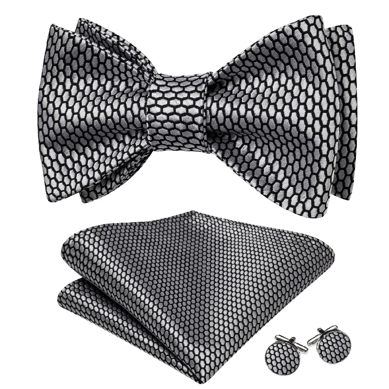 Barry Wang Self-Tied Bowtie Black Silver Geometric Men's Bow-Tie Set