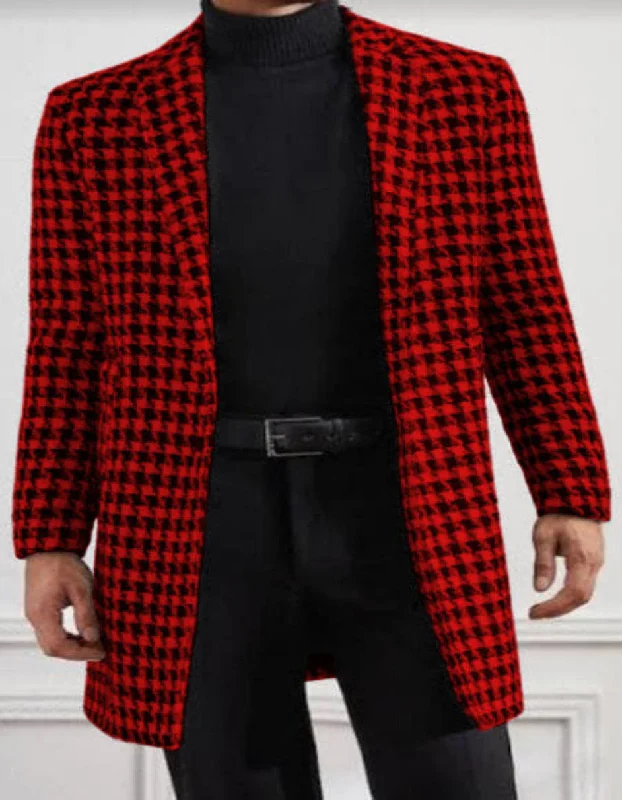 Men Houndstooth Lapel Collar Single Breasted Tweed Overcoat Black and Red