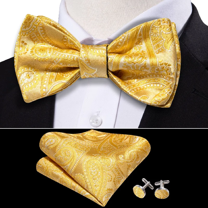 Barry Wang Men's Gold Bowtie Silk Paisley Bow Tie Hanky Cufflinks Set