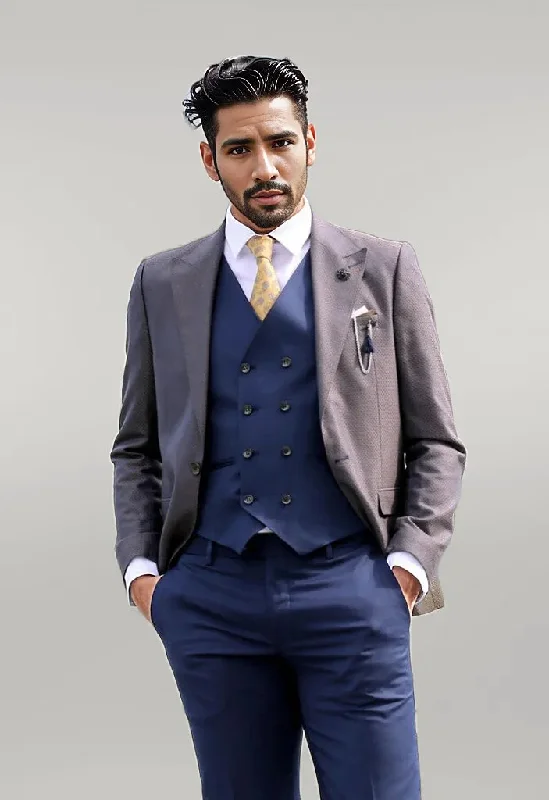 Patterned Navy Blue Brown Men Suit - Wessi