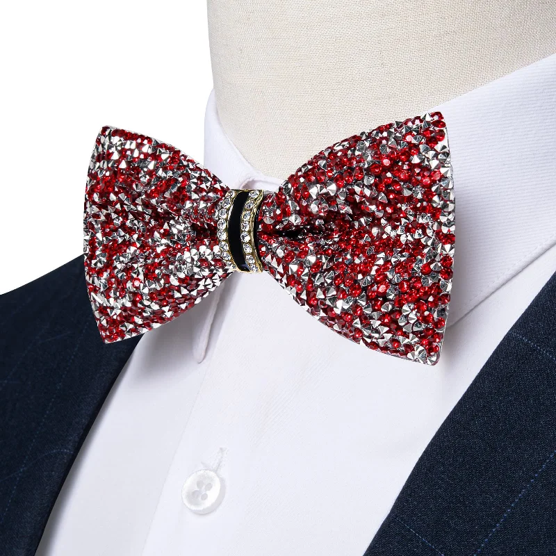 Ties2you Imitated Crystal Bowtie Red Silver Rhinestones Men's Pre Tied Bow Ties For Wedding Party