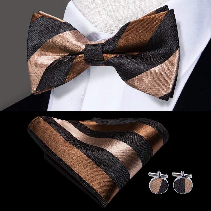 Black Brown Striped Men's Pre-tied Bowtie Pocket Square Cufflinks Set