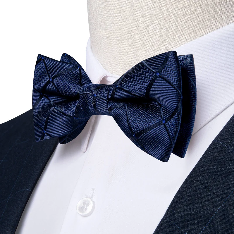 Ties2you Kids Bow Tie Navy Blue Woven Plaid Silk Bow Tie Hanky Set