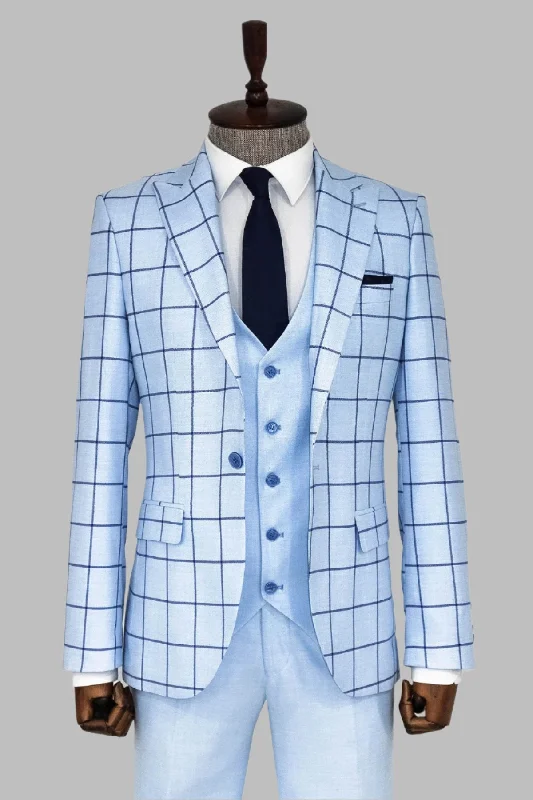 Slim Fit Patterned Light Blue Men Combination Suit - Wessi