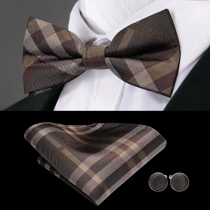 Brown Plaid Pre-tied Bow Tie Hanky Cufflinks Set