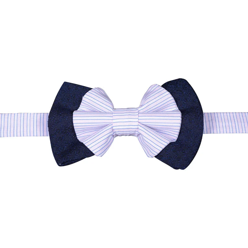 Blue bowtie and white with pink blue stripes