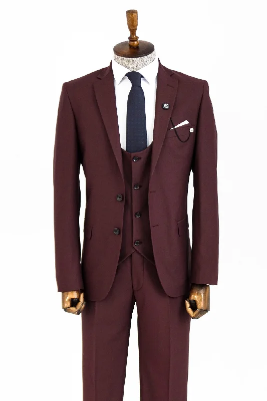 Burgundy Slim Fit Men's Suit with Vest | Wessi