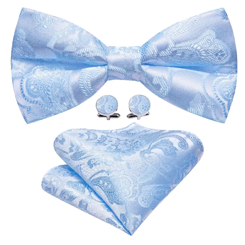 Barry.wang Blue Tie Paisley Silk Pre-Tied Bow Tie Hanky Cufflinks Set