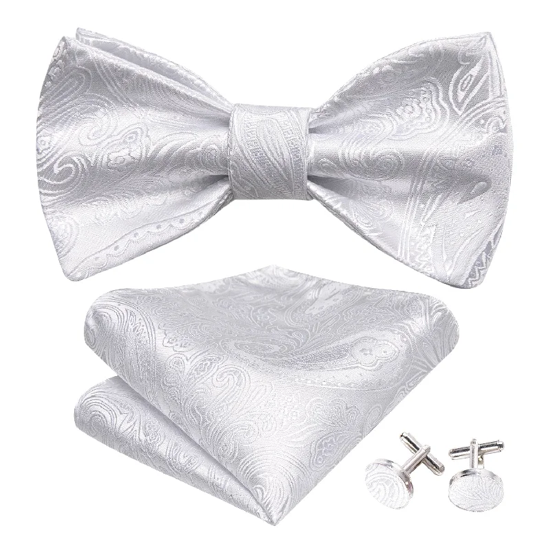 Barry Wang Wedding Tie White Paisley Men's Bow Tie Hanky Cufflinks Set