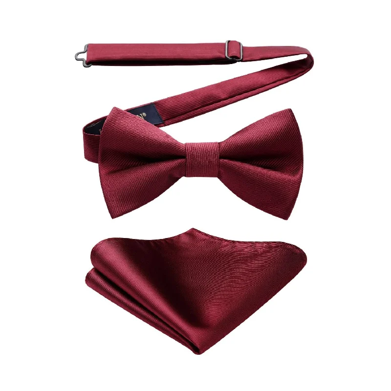 Solid Pre-Tied Bow Tie & Pocket Square - U-BURGUNDY 2